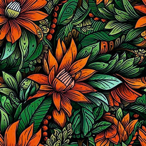 Abstract Botanical Doodle Seamless Pattern - Orange Flowers & Green Leaves.