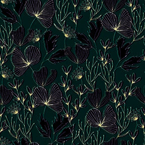 Elegant Golden Botanical Line Art Seamless Pattern - Twigs & Flowers on Dark Green