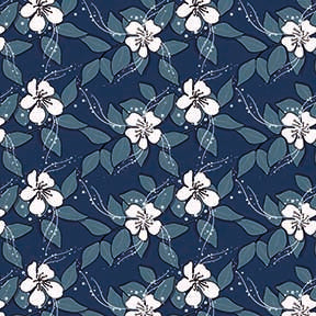 Delicate White Floral Seamless Pattern - Botanical Design on Dark Blue Background.