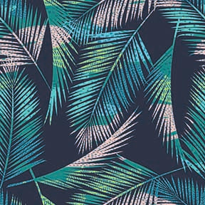 Trendy Tropical Palm Leaf Seamless Pattern - Teal, Pink & White on Dark Background.