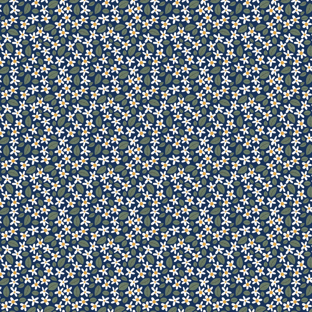 Pattern of small white flowers with green leaves on a dark blue background