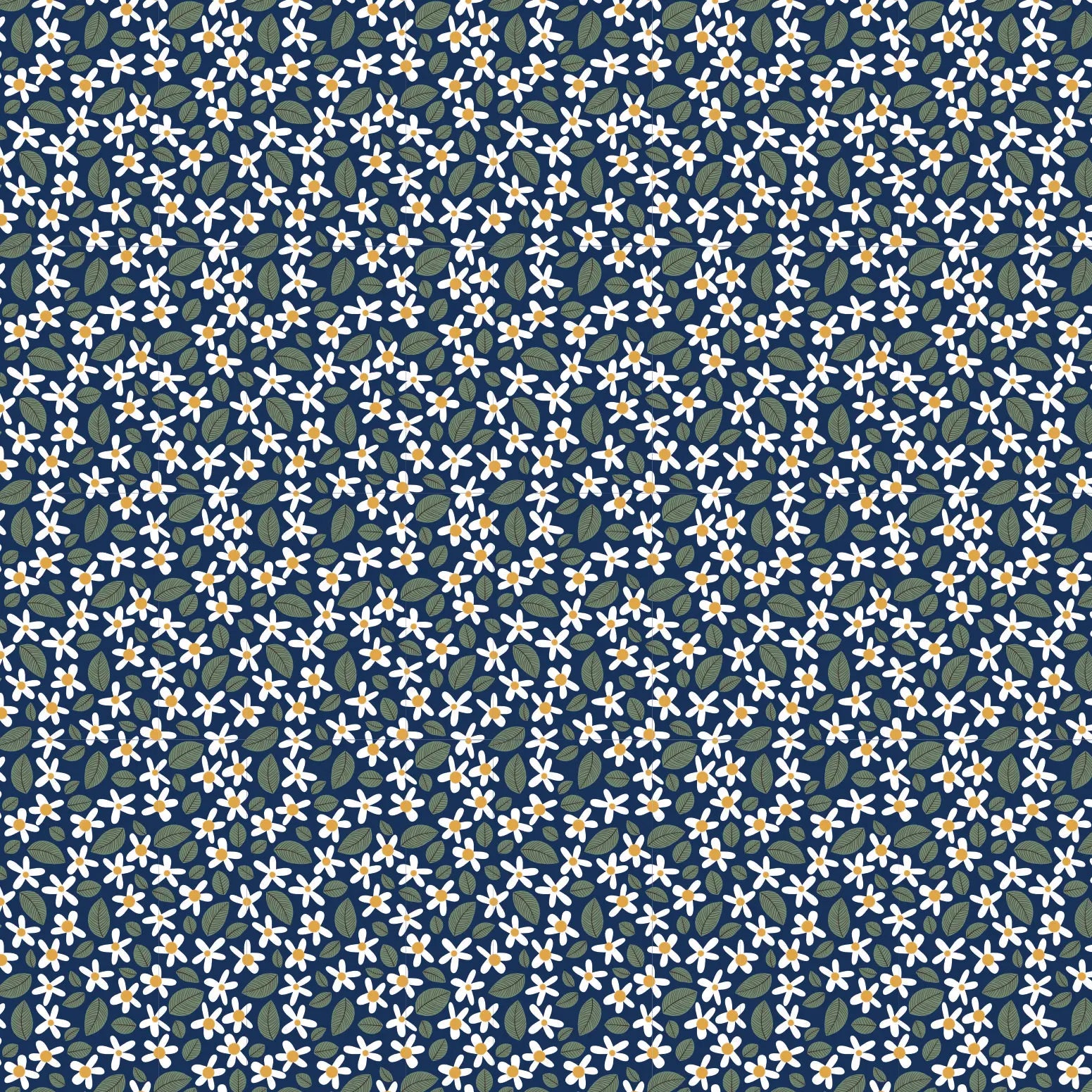 Pattern of small white flowers with green leaves on a dark blue background
