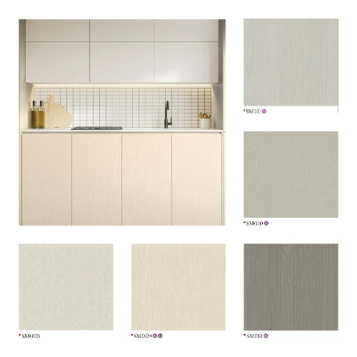 Small kitchen setup with color swatches for cabinetry and backsplash.