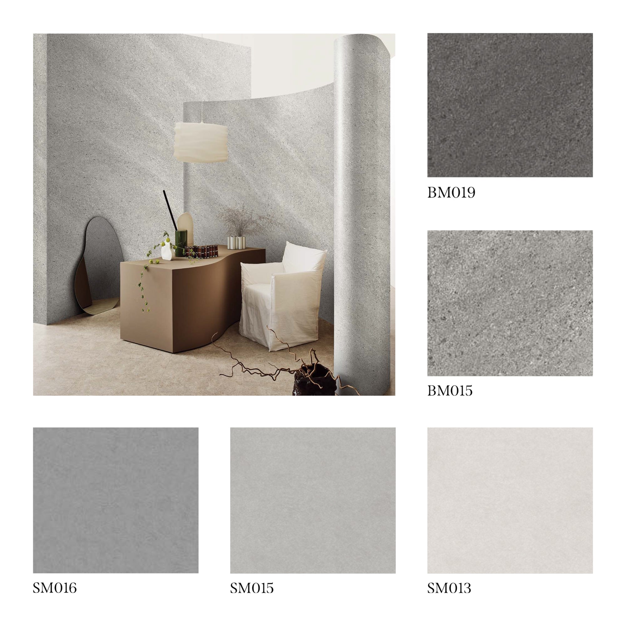 Modern Abstract Living Room with Textured Gray Walls, showcasing Neutral Tile Finishes.