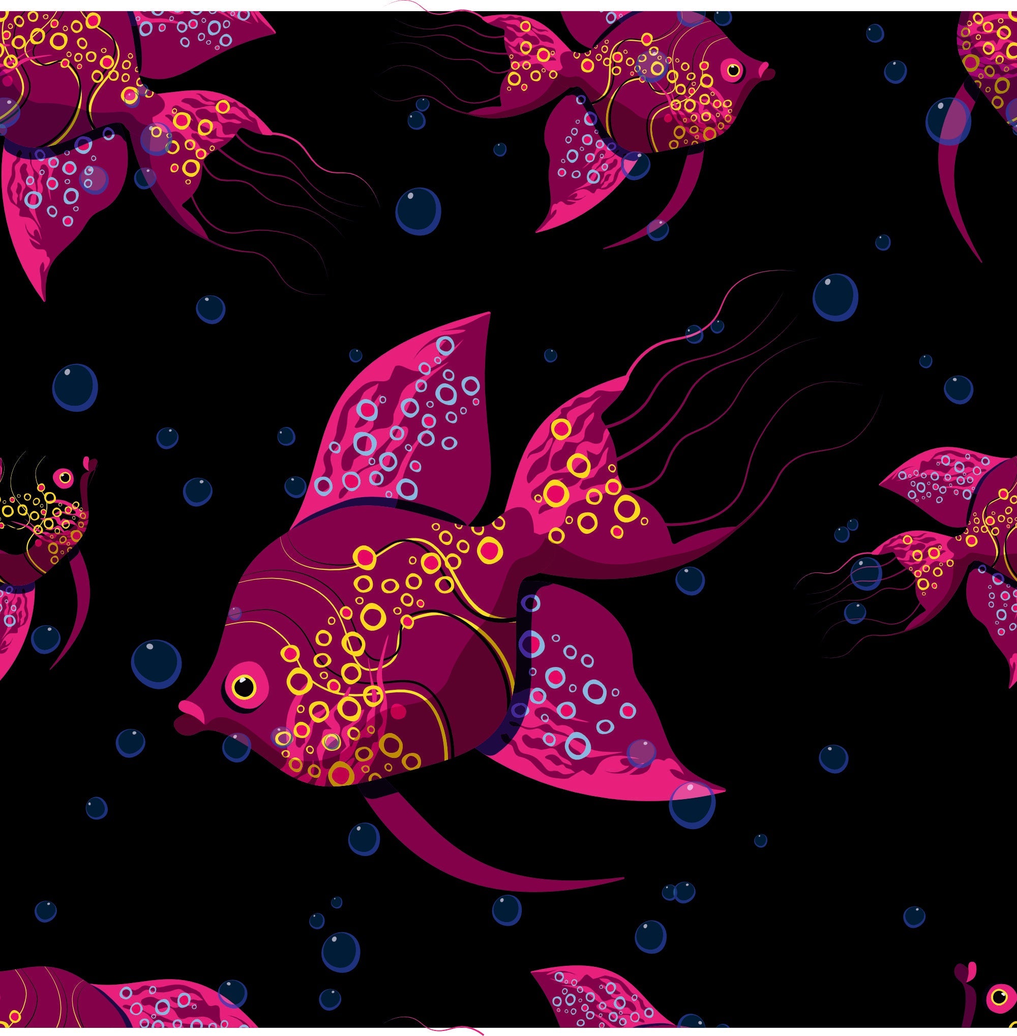 Vibrant Pink & Yellow Fish Seamless Pattern - Abstract Aquatic Design on Dark Background.