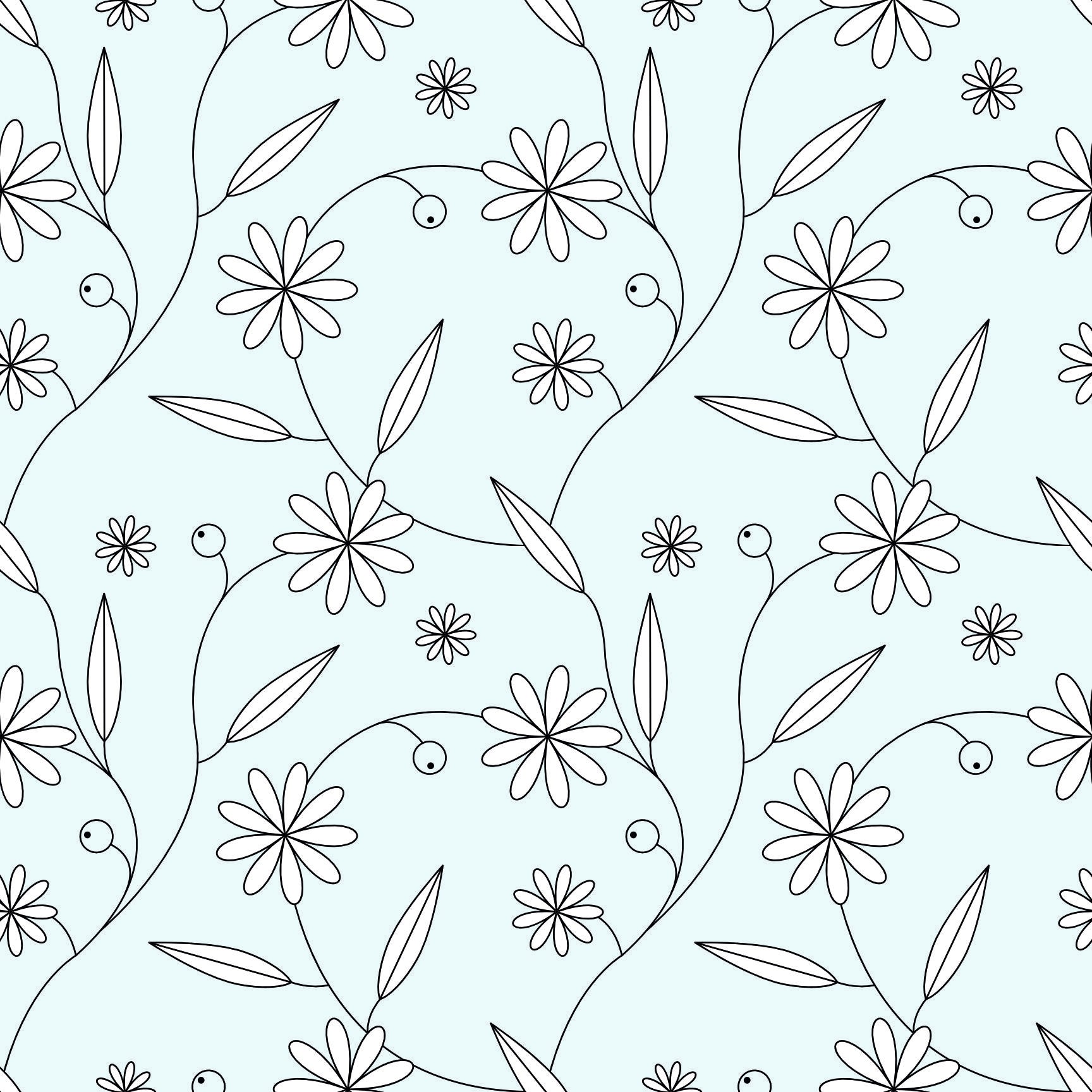 Doodle White Flower & Leaf Seamless Pattern - Minimalist Botanical Design on Light Blue.