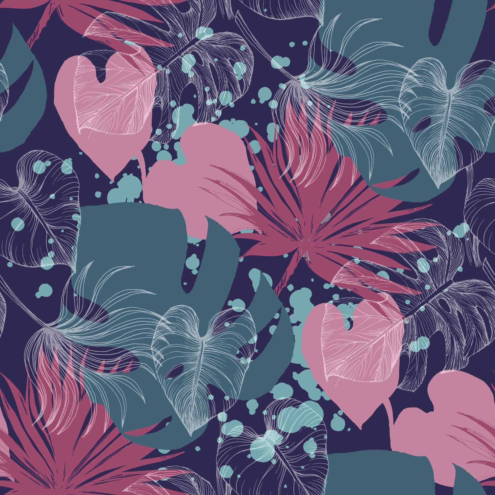 Modern Tropical Leaves Seamless Pattern - Pink & Teal Foliage with Splatter Effect.