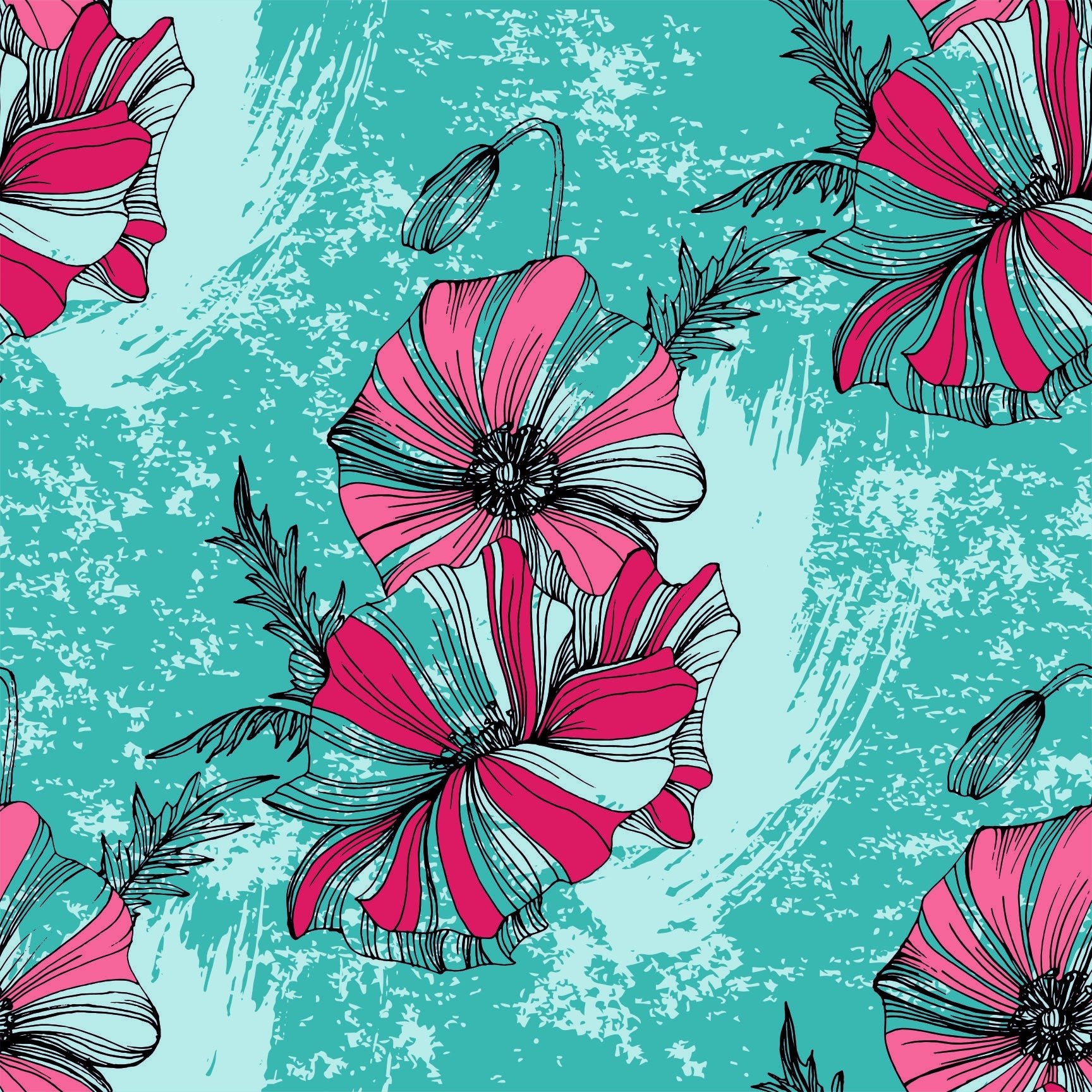 Striking Pink & Teal Floral Seamless Pattern - Abstract Hand-drawn Poppies with Grunge Texture.