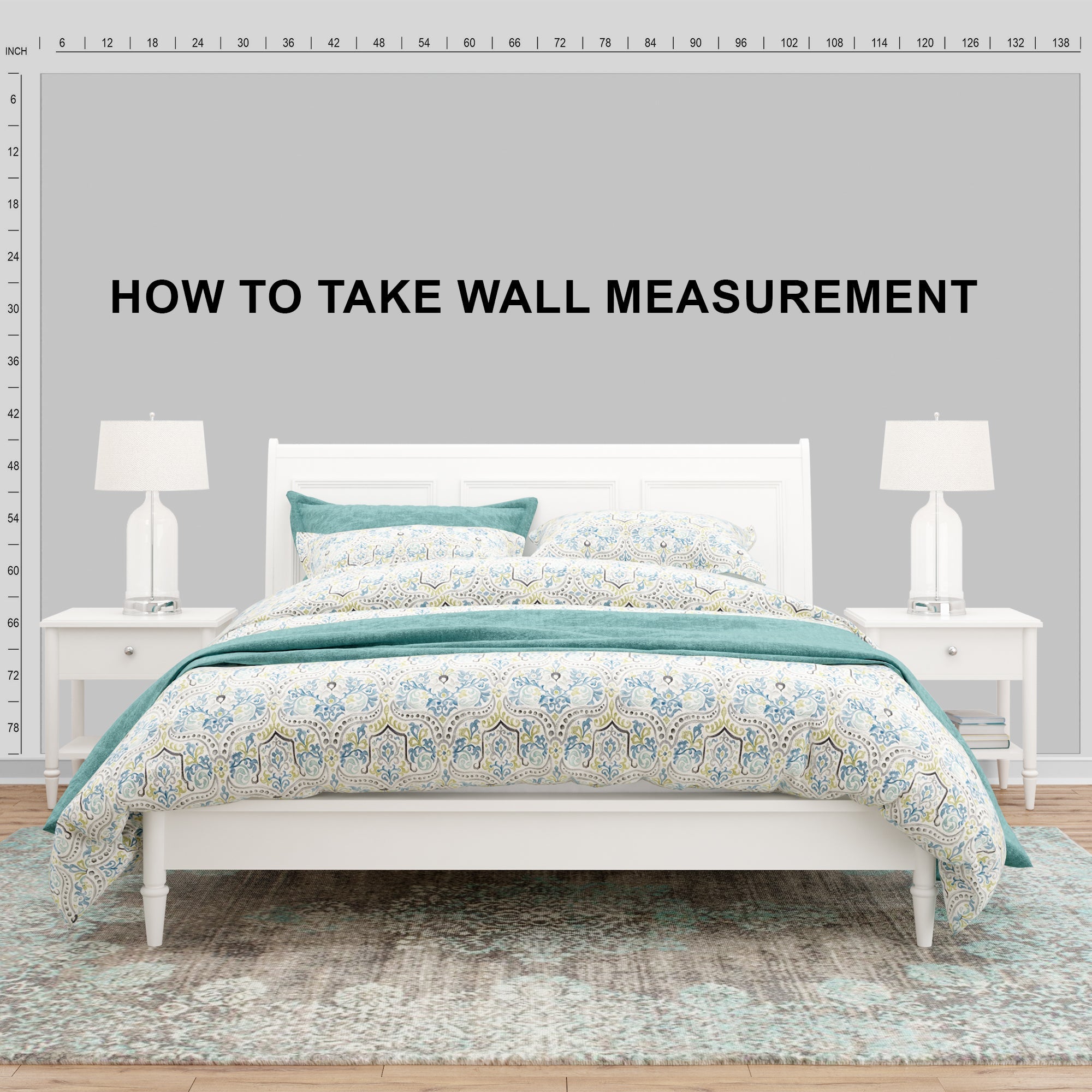 Bedroom setup with a bed, lamps, and a measuring tape on the wall.