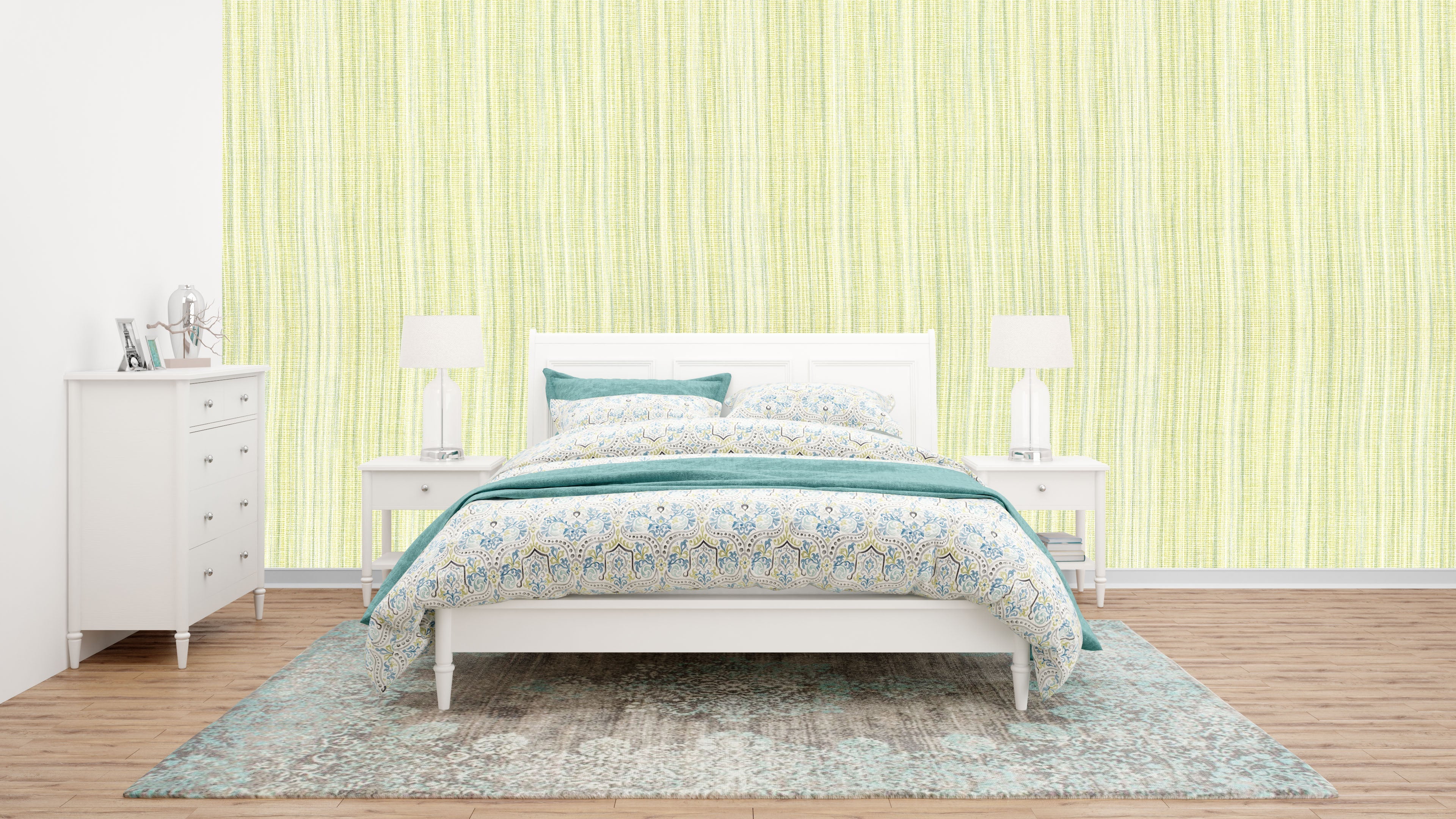 Bedroom with a bed, dresser, and lamps against a light green striped wall.