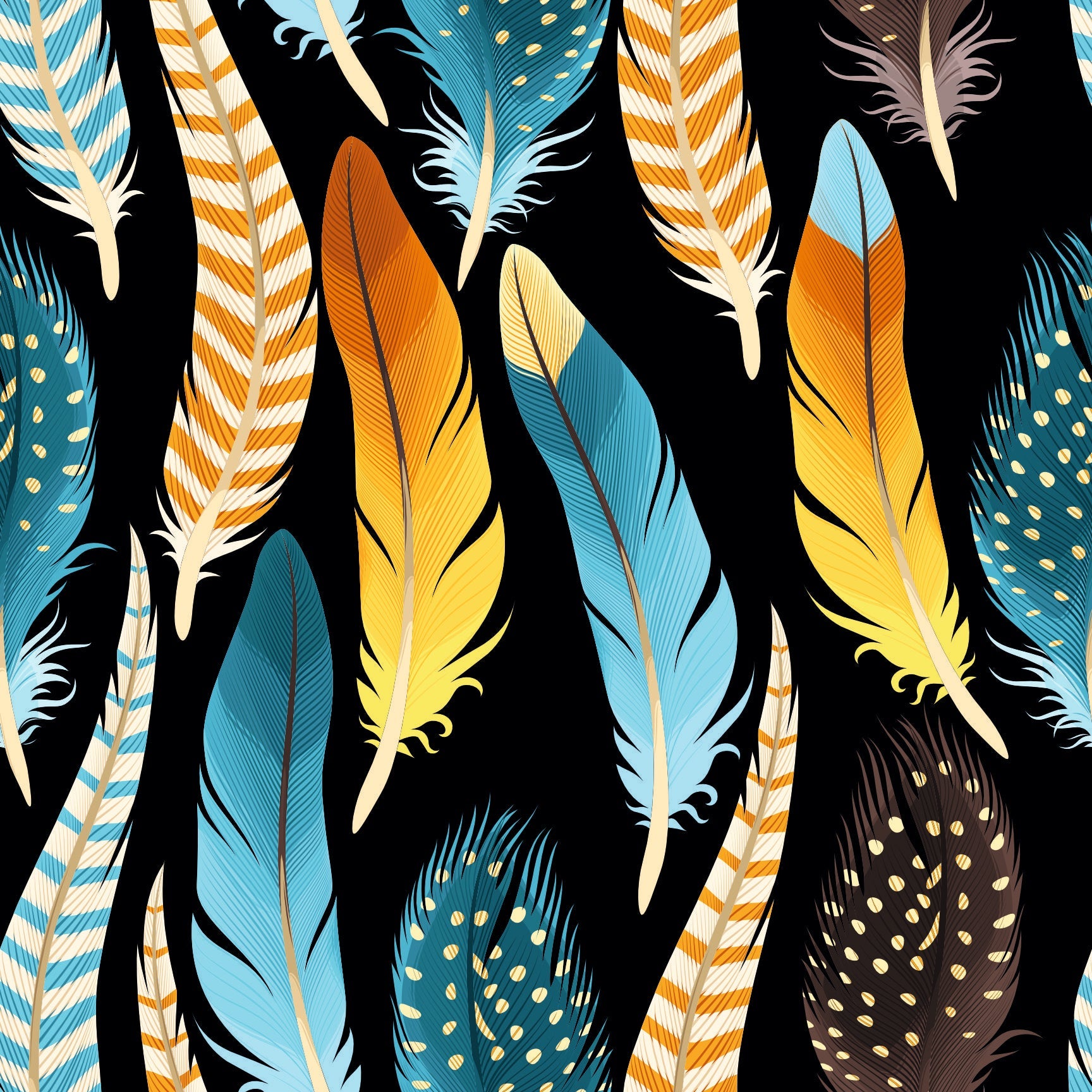 Vibrant Tribal Feathers Seamless Pattern - Blue, Orange & Yellow Plumage on Black.