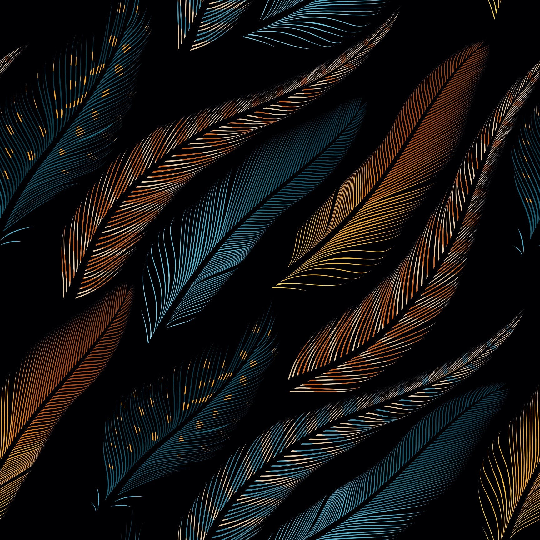 Warm Hues Feather Seamless Pattern - Orange & Blue Plumage on Dark Background.