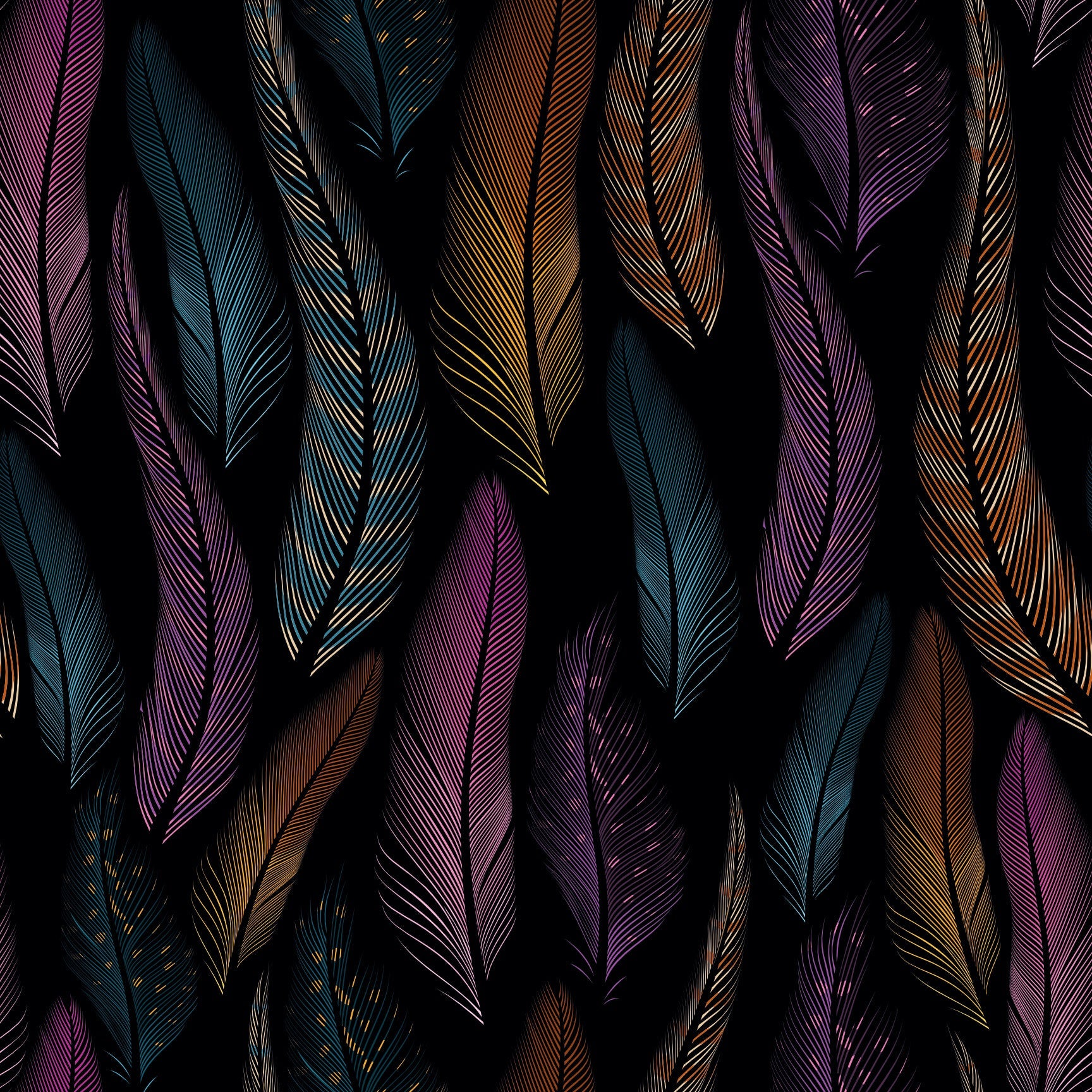 Vibrant Peacock Feathers Seamless Pattern - Colorful Plumage Design on Dark Background.