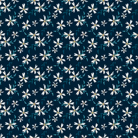 Ditsy White Floral & Green Leaf Seamless Pattern - Small Blooms on Dark Blue.