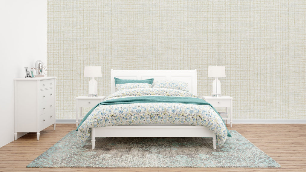 Elegant Light Beige Linen Texture Wallpaper: Subtle Woven Design for Serene Bedrooms