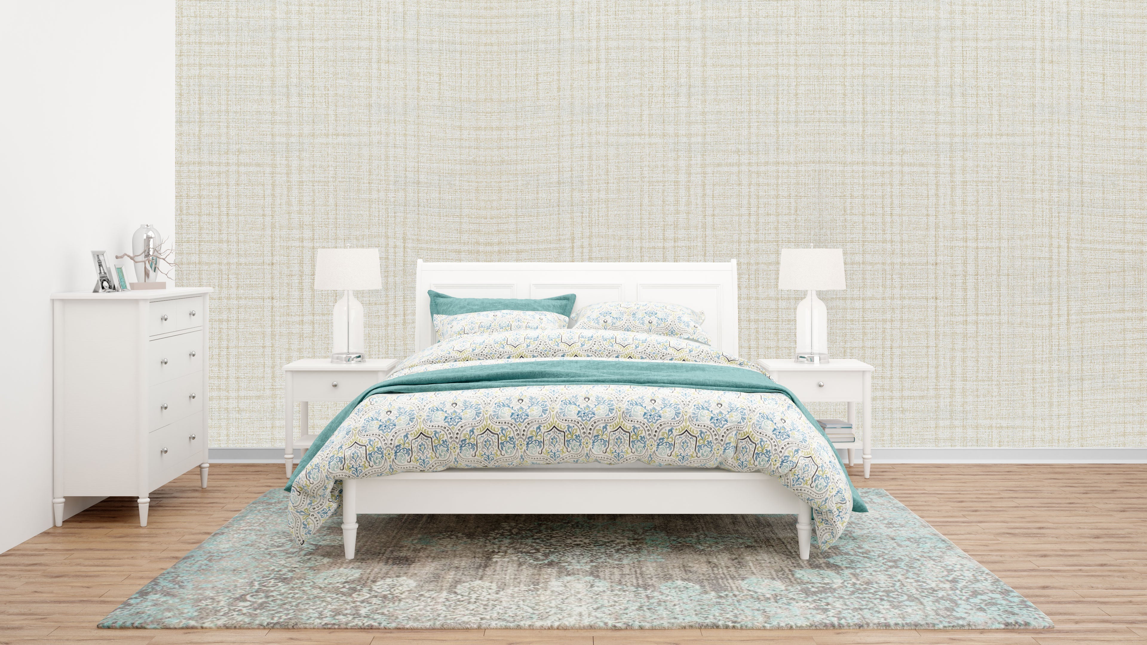 Elegant Light Beige Linen Texture Wallpaper: Subtle Woven Design for Serene Bedrooms