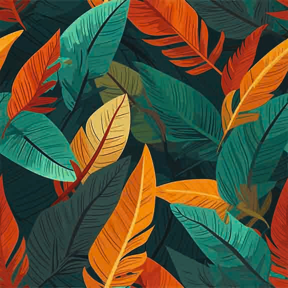 Vibrant Tropical Leaves Seamless Pattern - Orange, Teal & Green Botanical Design.