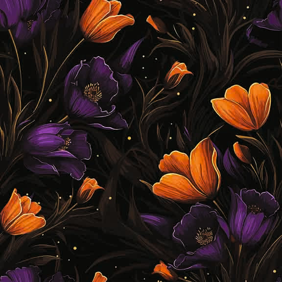 Halloween Inspired Floral Seamless Pattern - Orange & Purple Blooms on Dark Background