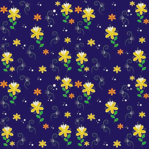Dainty Yellow & Orange Flower Seamless Pattern - Whimsical Botanical Design on Dark Blue