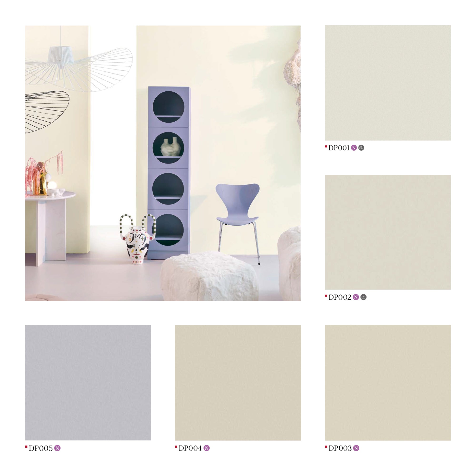 Stylish Living Space with Lavender Accents & Unique Furniture, showcasing Neutral Tone Finishes.