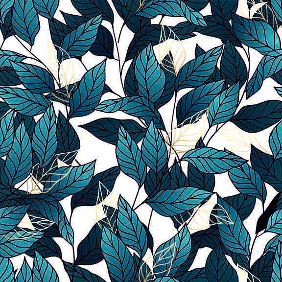 Striking Teal & Gold Leaves Seamless Pattern - Modern Botanical Design on White