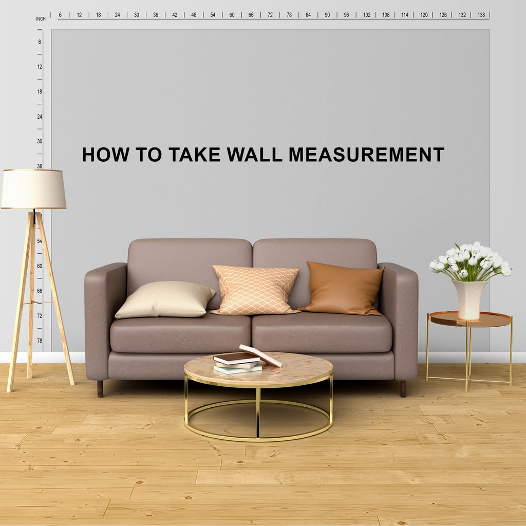 Living room setup with a sofa, coffee table, and lamp, featuring text on wall measurement.