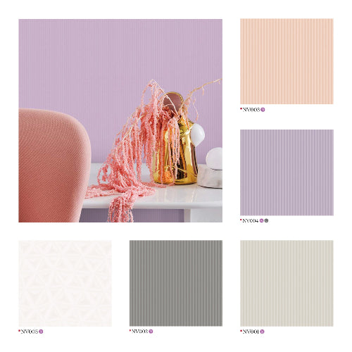 Vibrant Interior Design showcasing Lavender Ribbed Walls, with Peach & Gray Swatches.