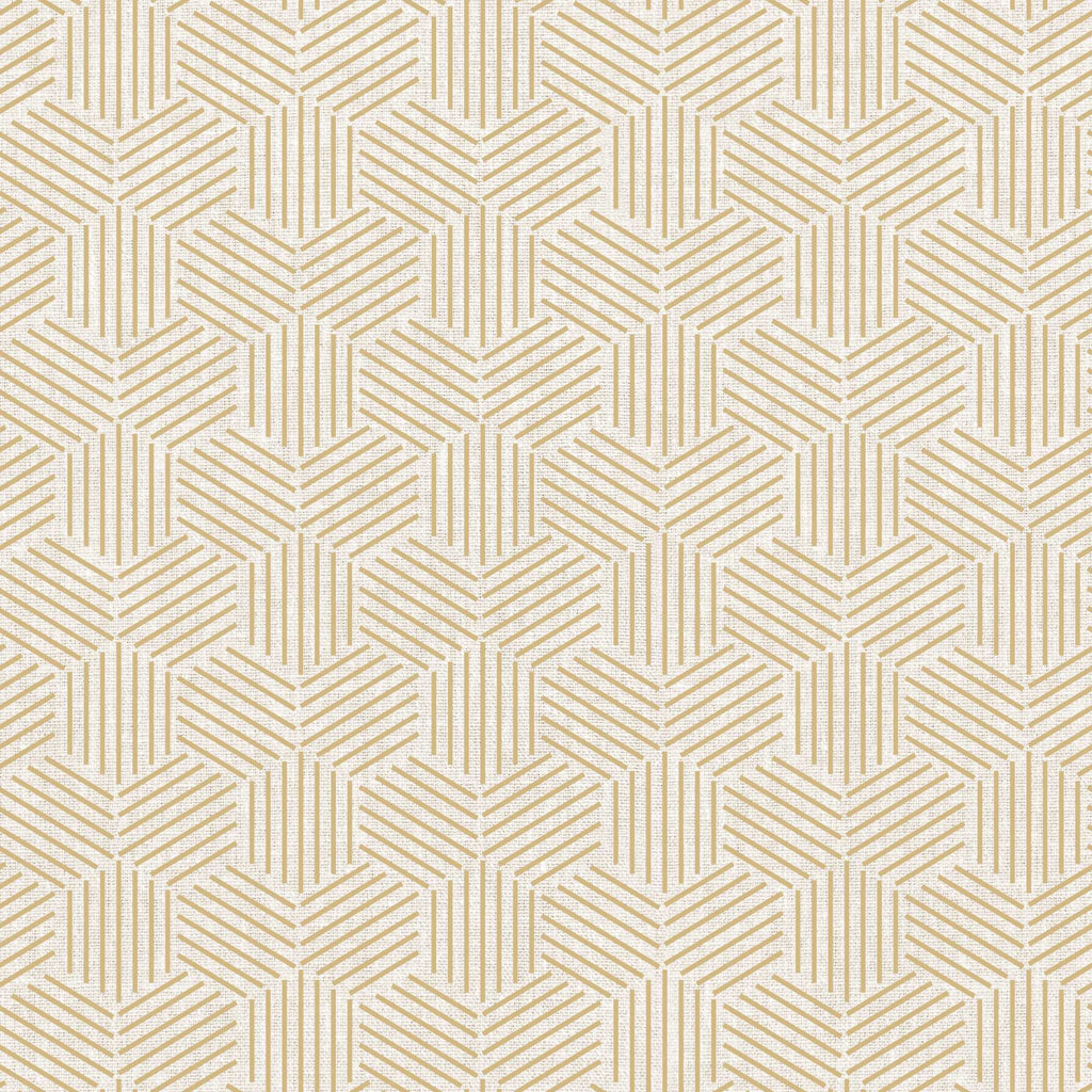 A wallpaper with a geometric pattern of interlocking triangles in brown, beige, and gold colors.