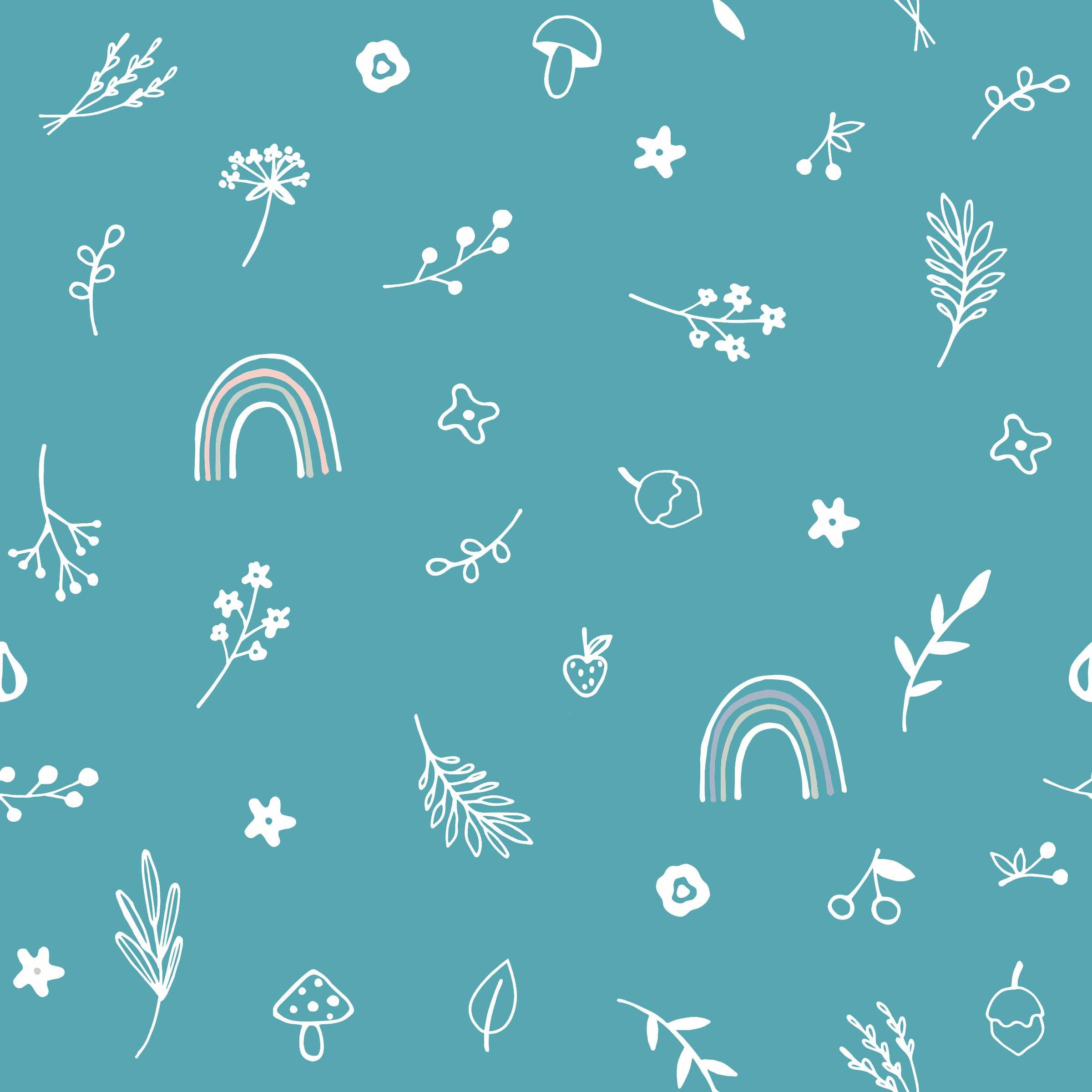 A wallpaper with a blue background featuring white floral patterns, including leaves, flowers, and rainbows.