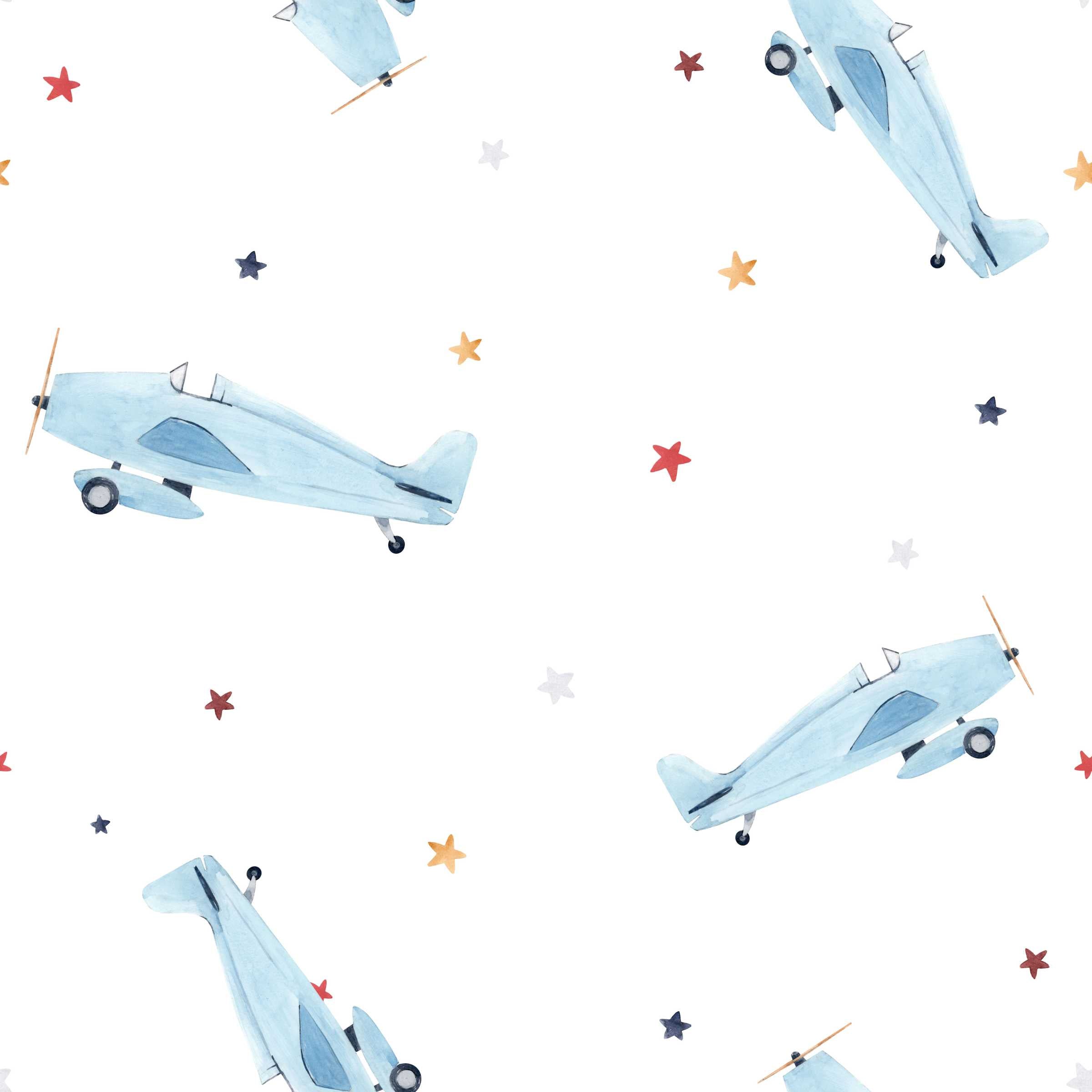 A wallpaper pattern featuring a series of blue airplanes with red and white accents, set against a white background with scattered stars.