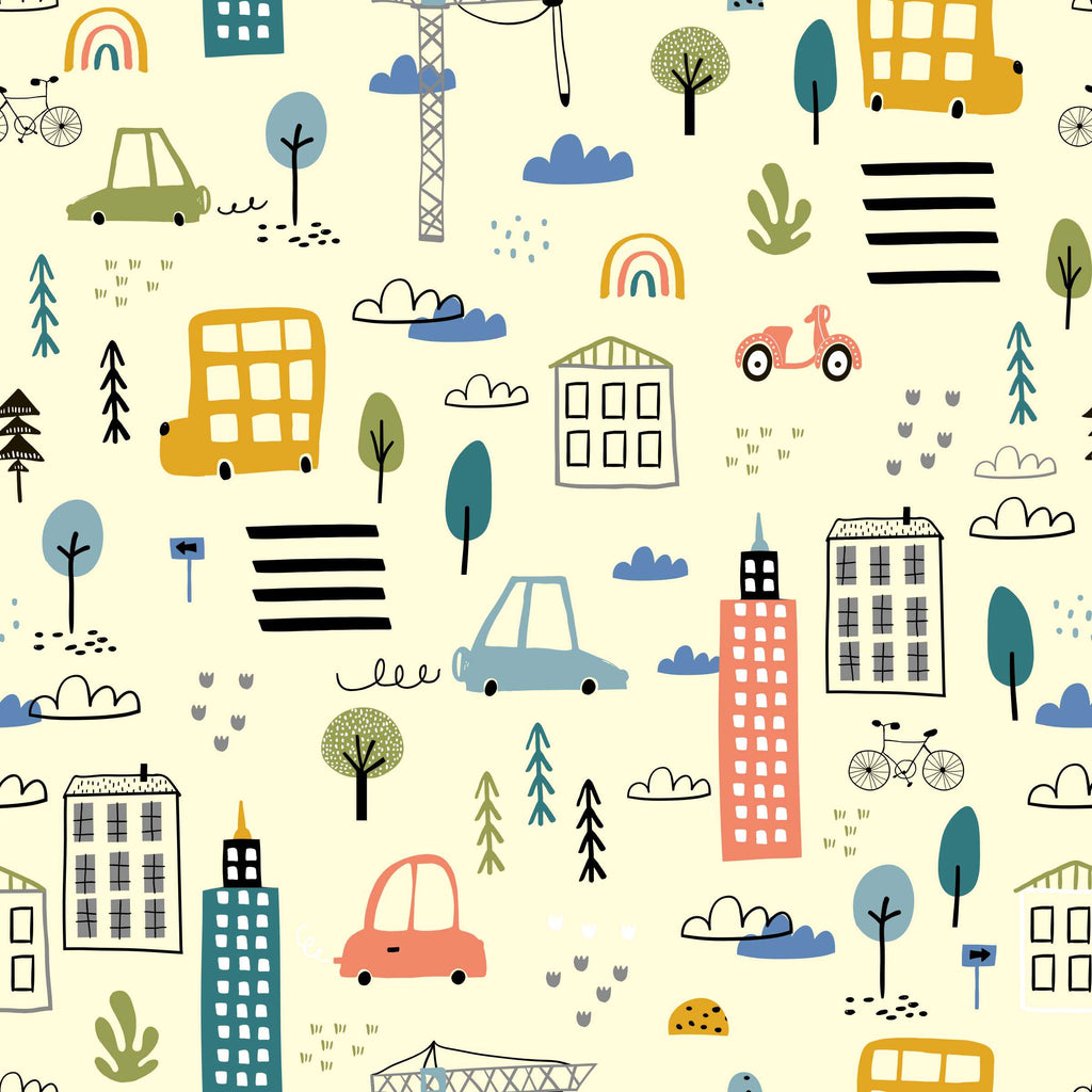 A wallpaper with a colorful pattern featuring cartoonish houses, trees, cars, and other playful designs on a white background.