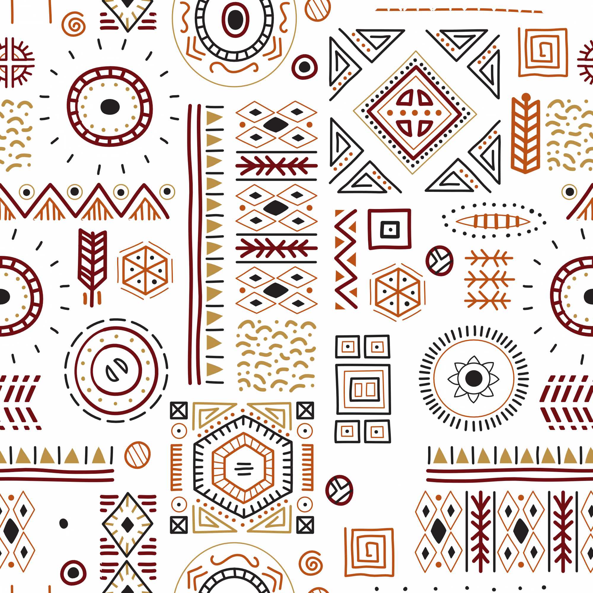 A wallpaper with a geometric pattern featuring various shapes like circles, triangles, and diamonds in shades of beige, brown, and black.