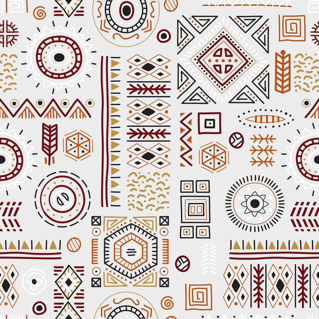 A wallpaper with a geometric pattern featuring various shapes and designs in beige, brown, and white colors.