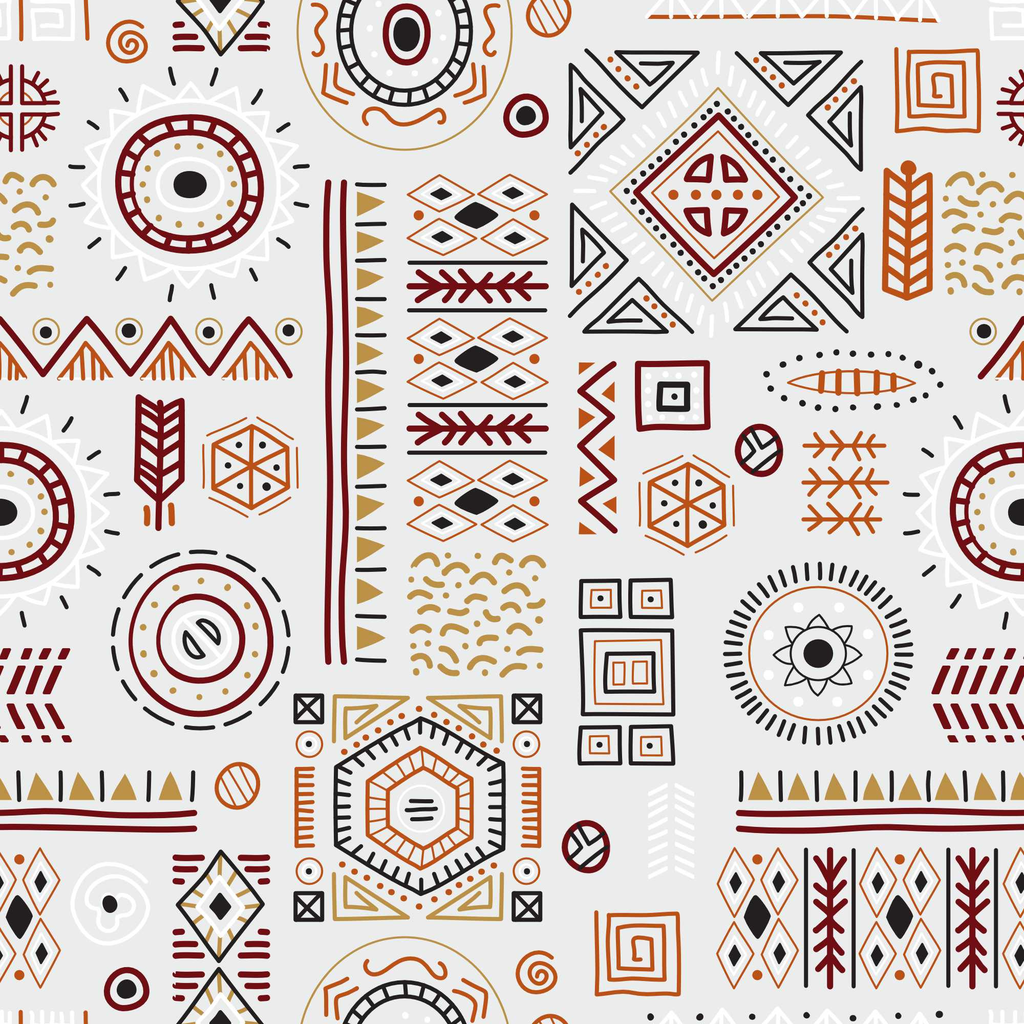 A wallpaper with a geometric pattern featuring various shapes and designs in beige, brown, and white colors.