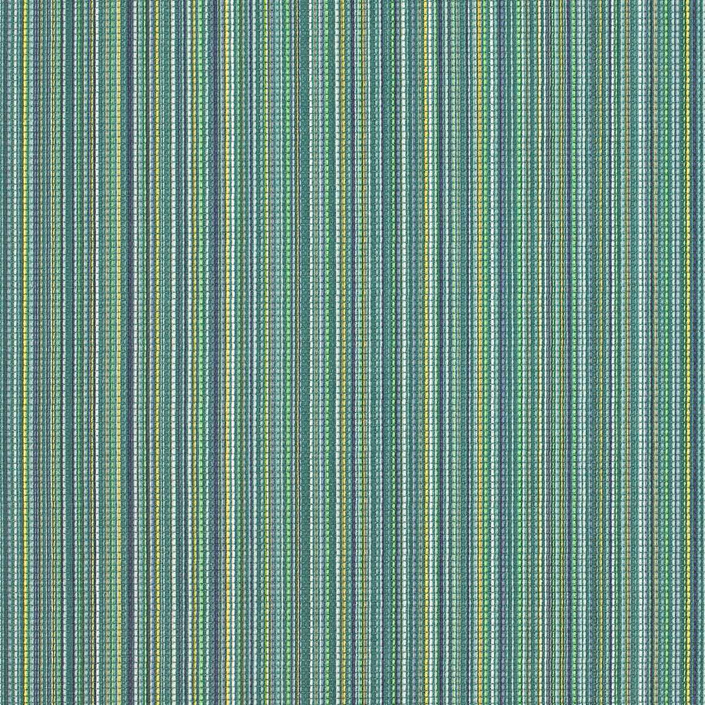 A close-up view of a striped wallpaper with varying shades of green, blue, and yellow.