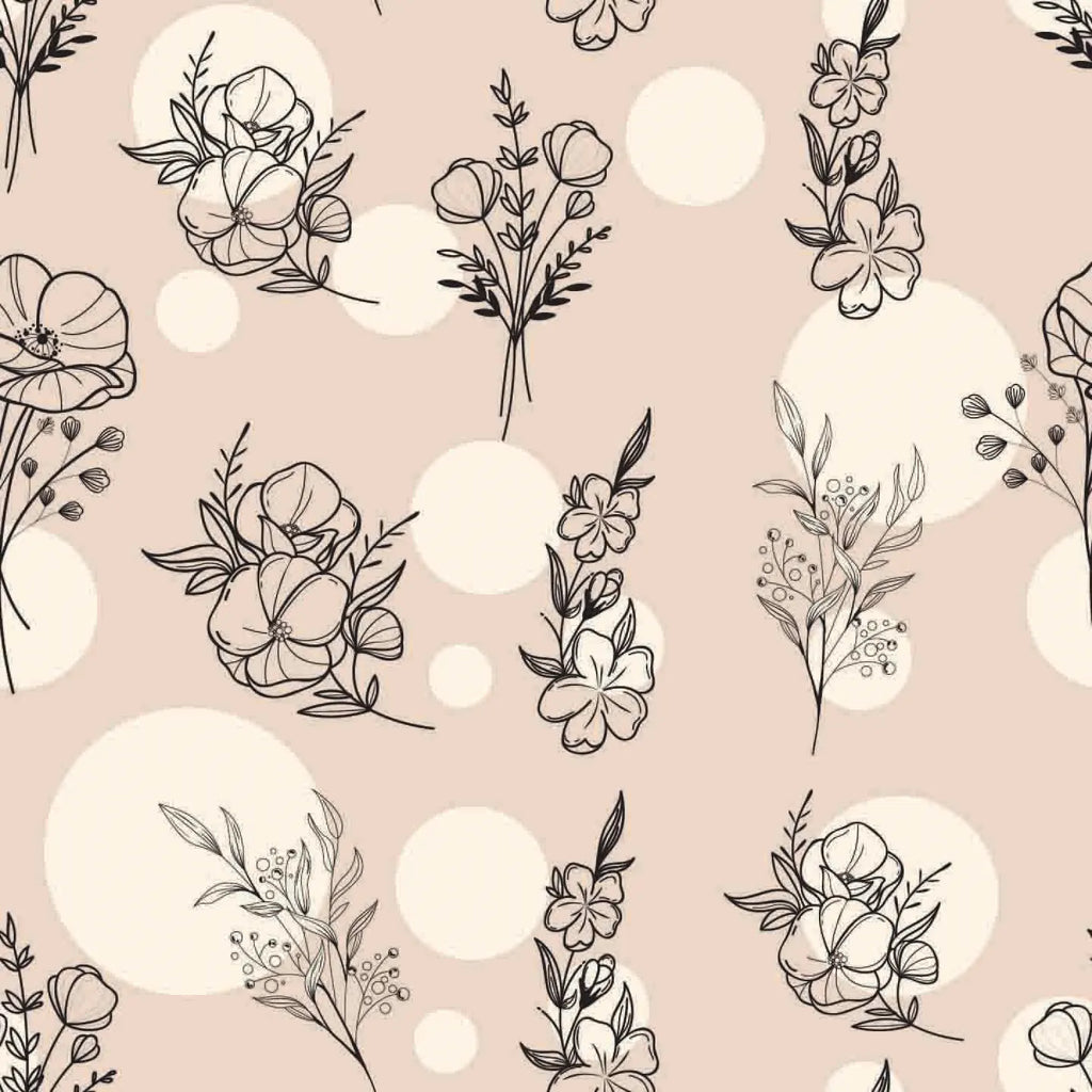 Pattern of black floral and leaf designs on a pink background