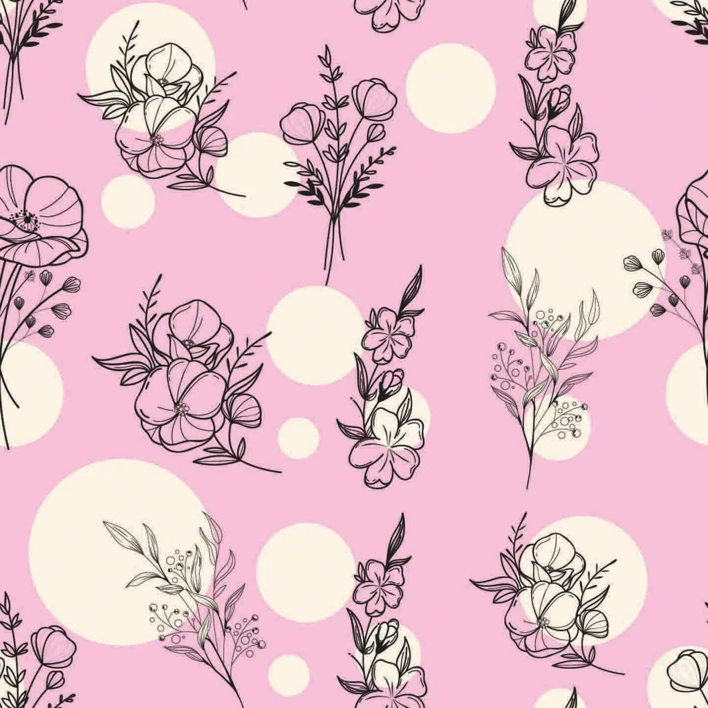 Floral pattern with flowers and leaves on a pink background