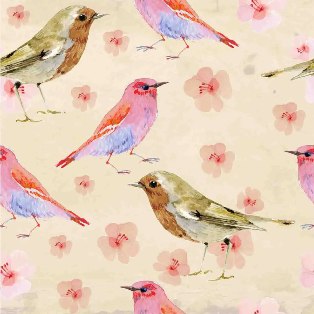 Pattern of birds and flowers on a beige background