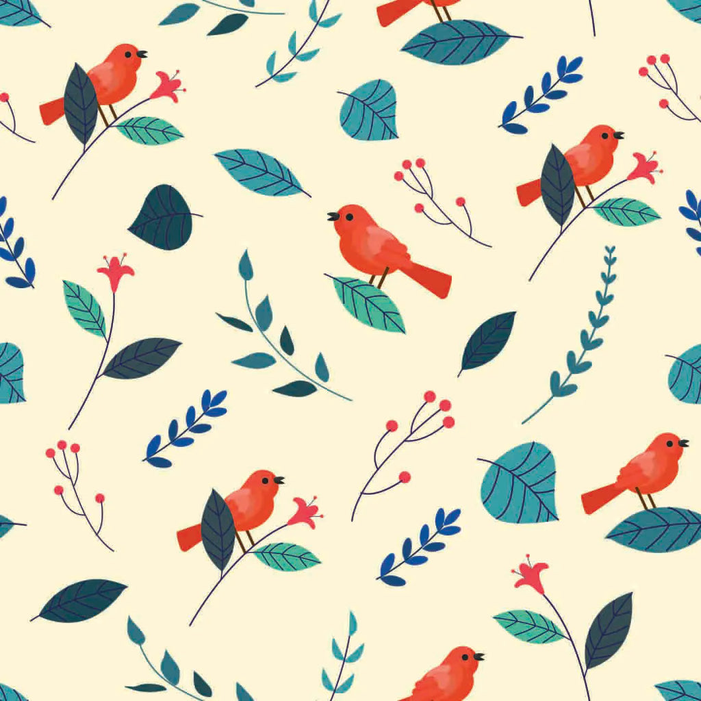 Pattern of red birds and green leaves on a beige background