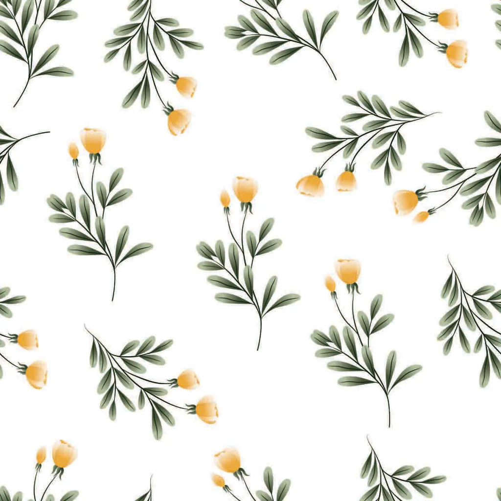 Pattern of green leaves and yellow flowers on a white background