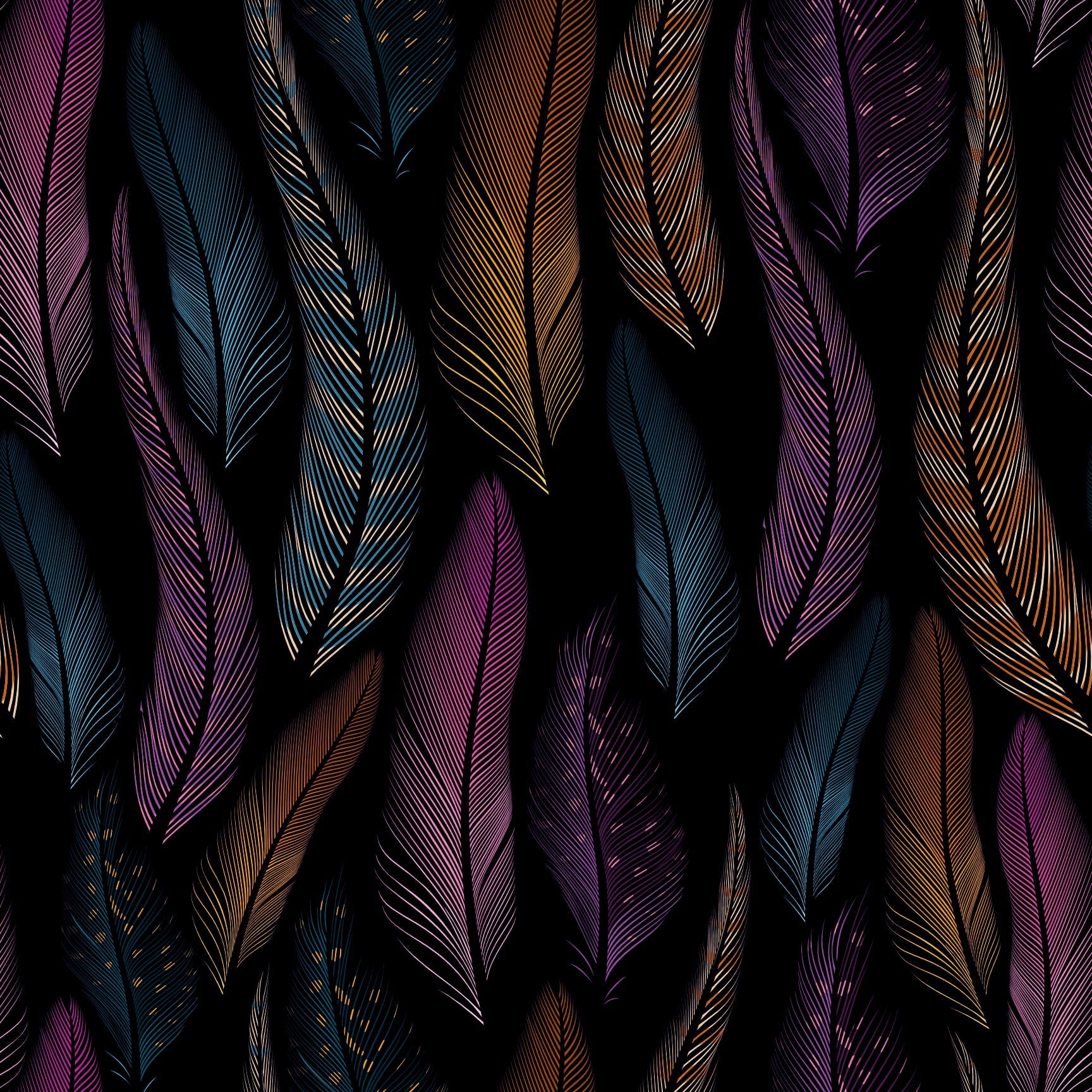 Vibrant Peacock Feathers Seamless Pattern - Colorful Plumage Design on Dark Background