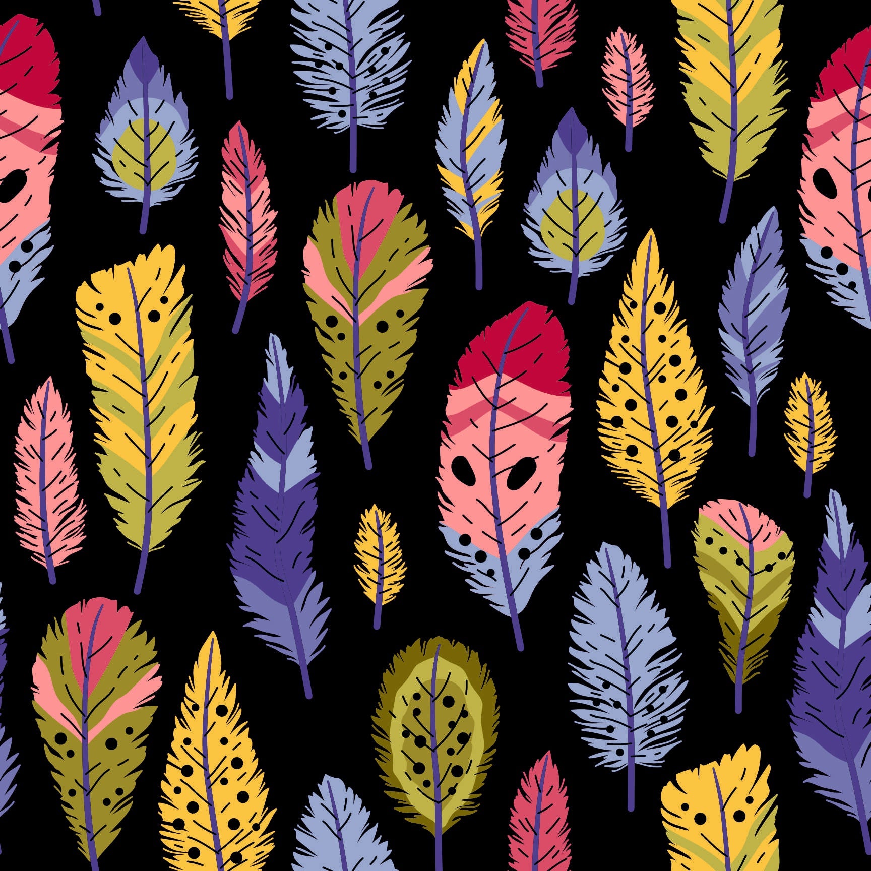 Vibrant Tribal Feather Seamless Pattern - Colorful Plumage Design on Dark Background