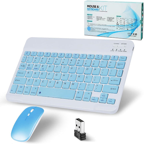 A white and blue Bluetooth keyboard with a wireless mouse, showing both the keyboard and mouse with a USB receiver, also including the packaging box.