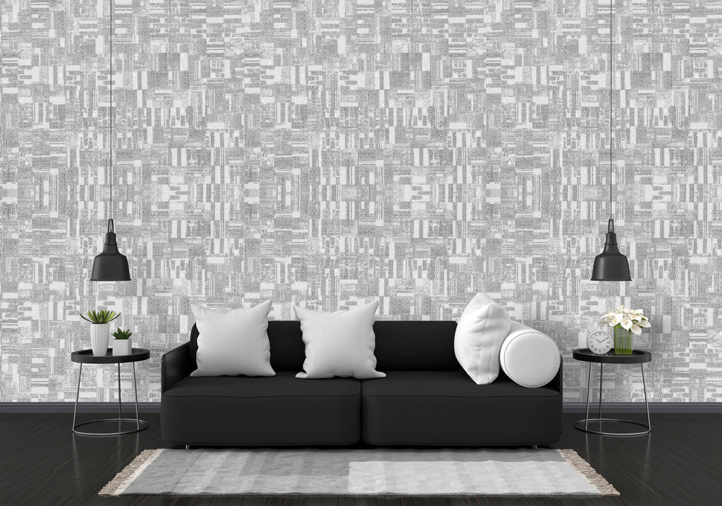 Modern White & Grey Abstract Geometric Wallpaper: Distressed Pattern for Contemporary Interiors