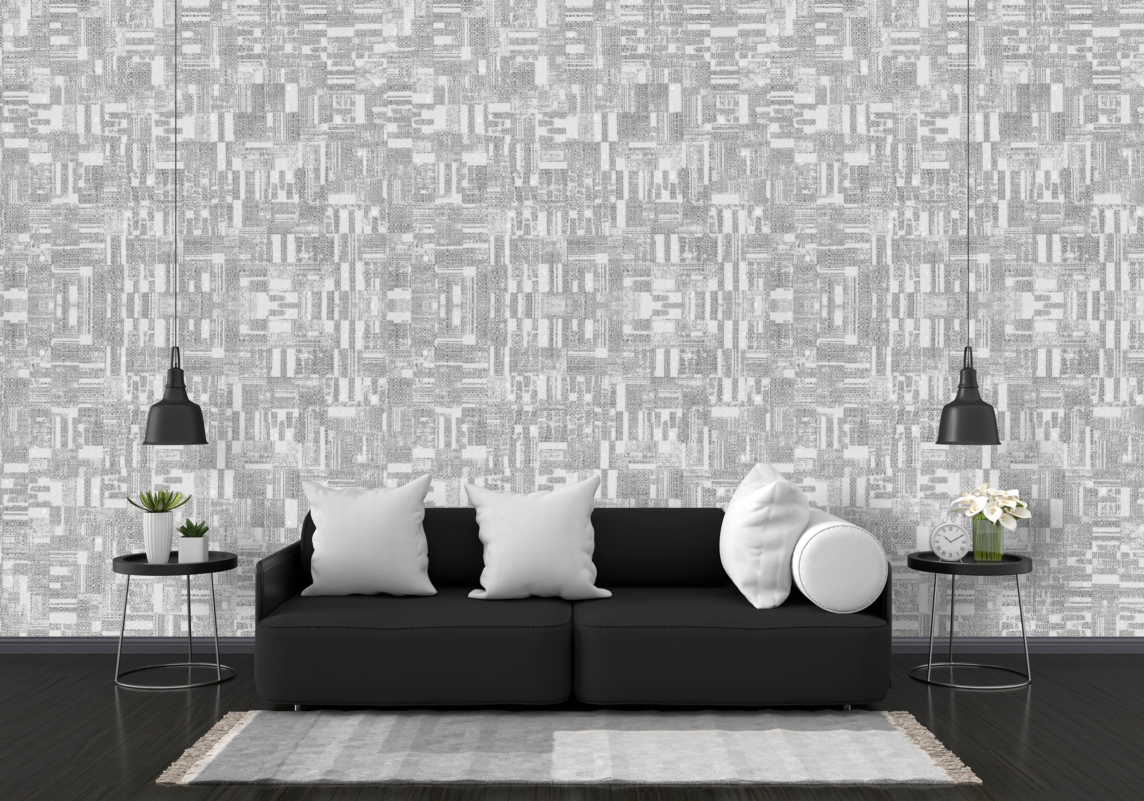 Modern White & Grey Abstract Geometric Wallpaper: Distressed Pattern for Contemporary Interiors