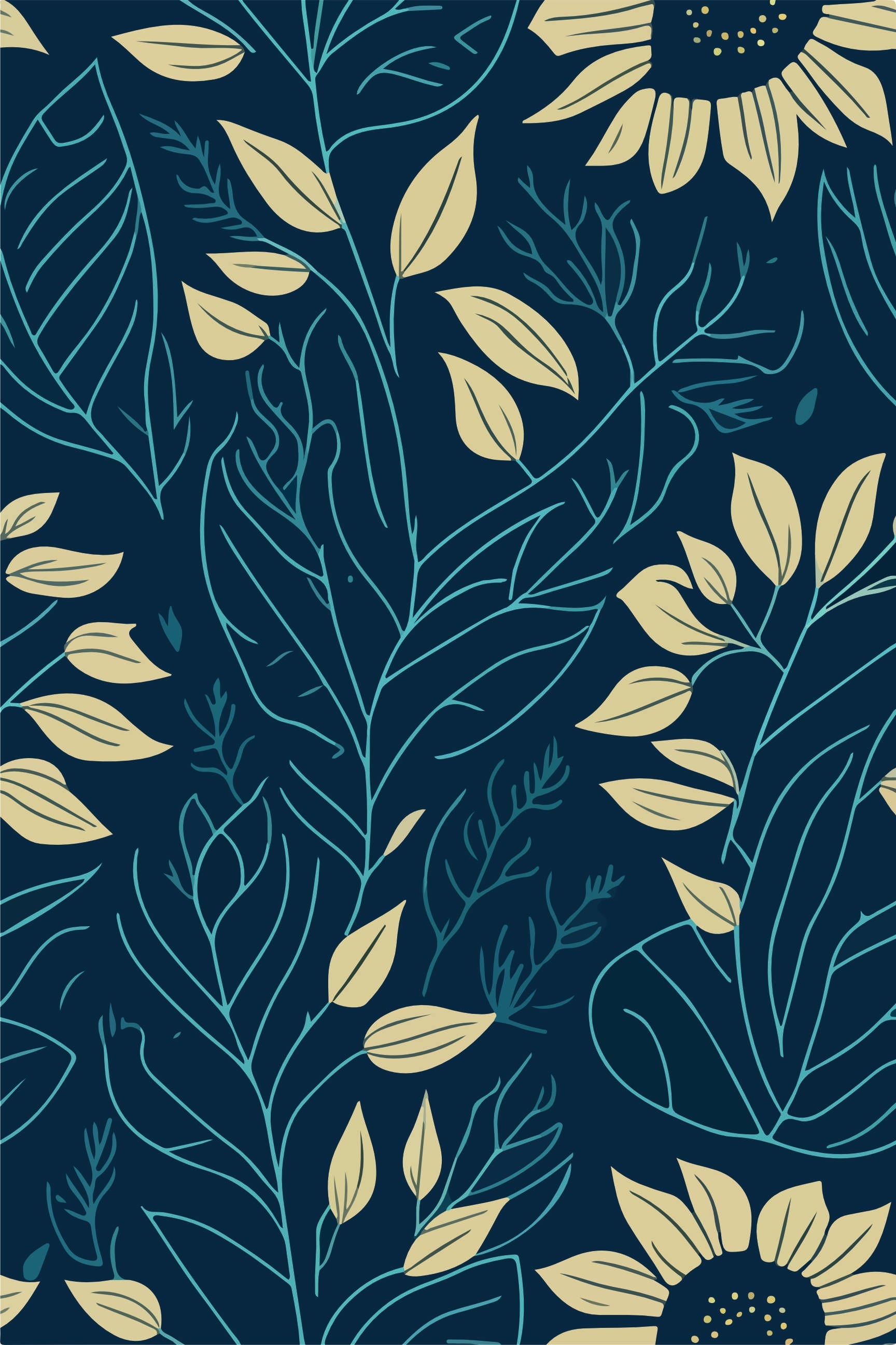 Organic Leaves & Sunflower Seamless Pattern - Teal & Yellow Botanical Design on Dark Blue