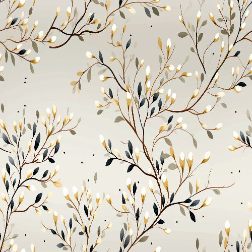 Decorative pattern of branches and leaves on a light background