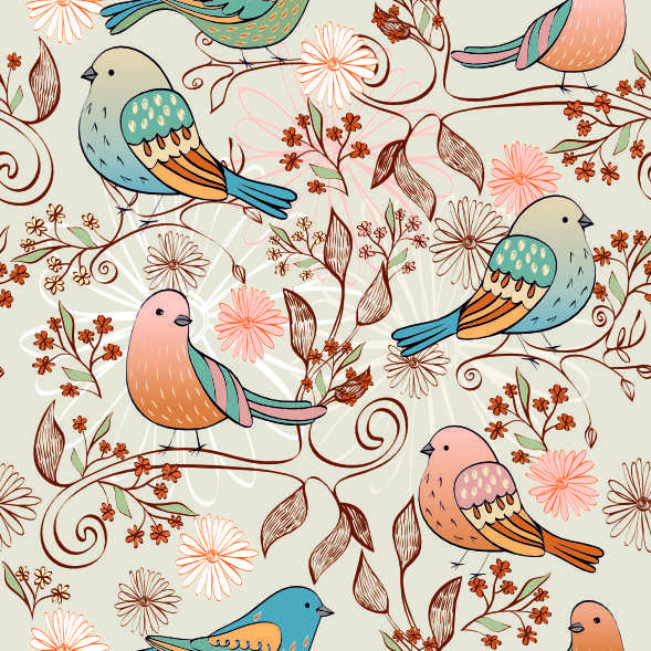 Whimsical Birds & Flowers Seamless Pattern - Colorful Avian & Botanical Design