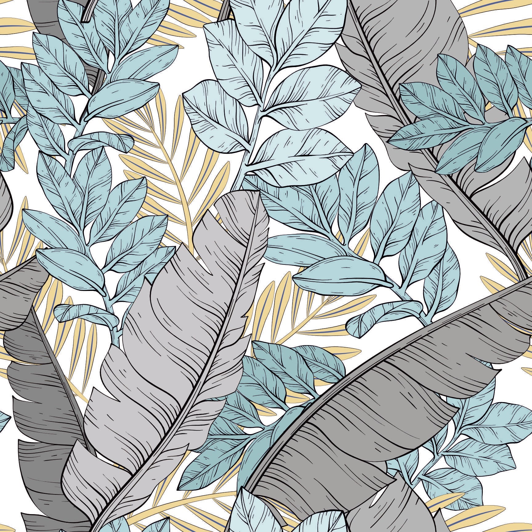 Tropical Pastel Leaves Seamless Pattern - Blue, Grey & Yellow Botanical Design