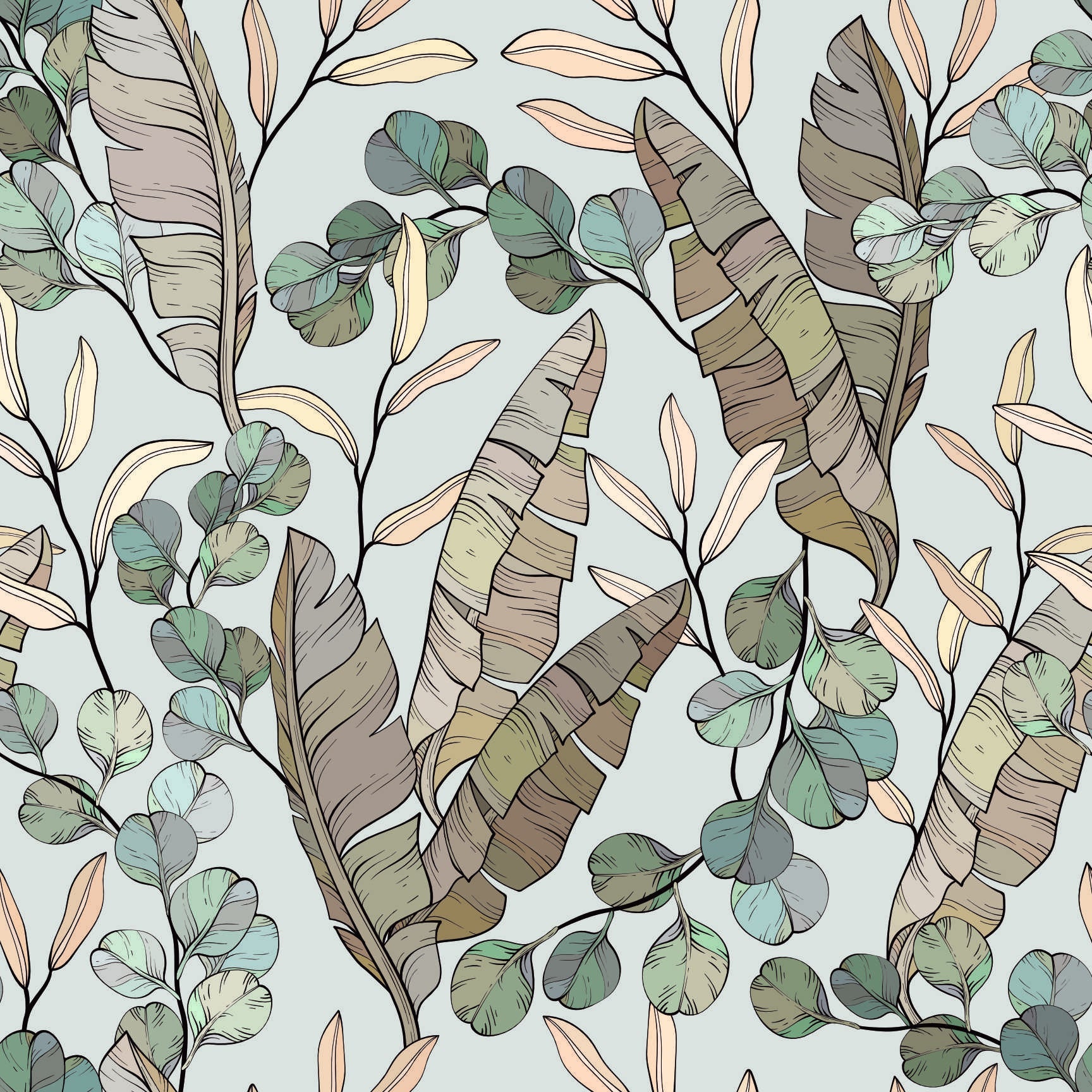 Serene Green & White Leaves Seamless Pattern - Textured Botanical Design